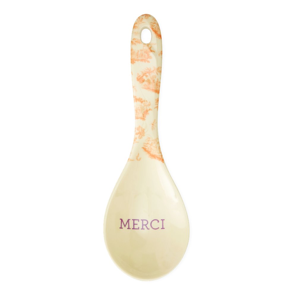 Salatlöffel aus Melamin mit Tropfenform, cremefarben, „Merci“ Schriftzug und Muster