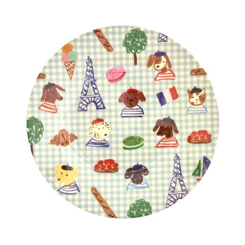 Runder Melamin-Dessertteller, blau, mit buntem Paris-Motiv: Eiffelturm, Kinder, Kuchen