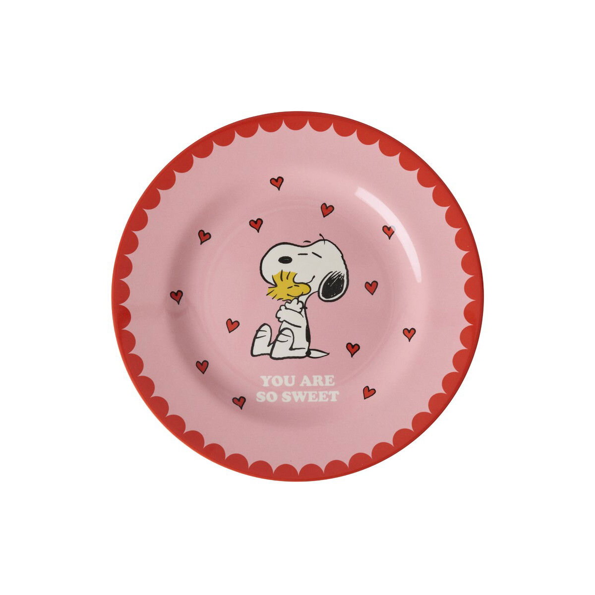 Melamin-Dessertteller Snoopy 20 cm, rosa mit rotem Rand und Snoopy-Motiv