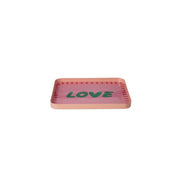 Rechteckiges Metalltablett pink mit grüner „LOVE“-Schrift und Rand