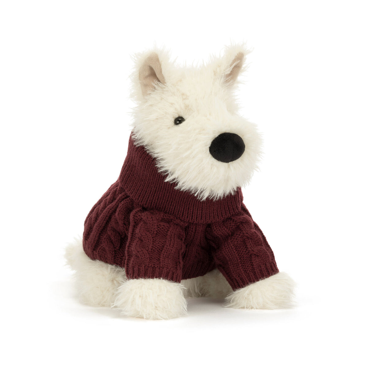 Kuscheltier-Hund mit cremefarbenem Fell und dunkelrotem Strickpullover, seitlich