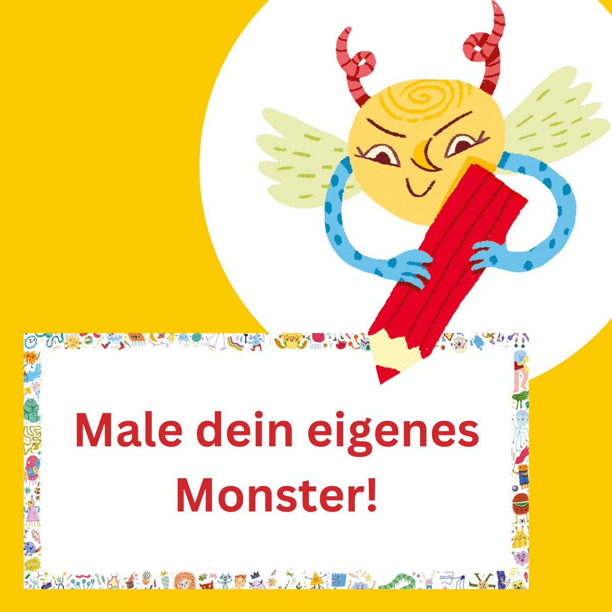 Kinder-Spiel Mal mal'n Monster, Anleitungsseite mit Monster-Motiv und rotem Schriftzug