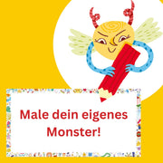 Kinder-Spiel Mal mal'n Monster, Anleitungsseite mit Monster-Motiv und rotem Schriftzug