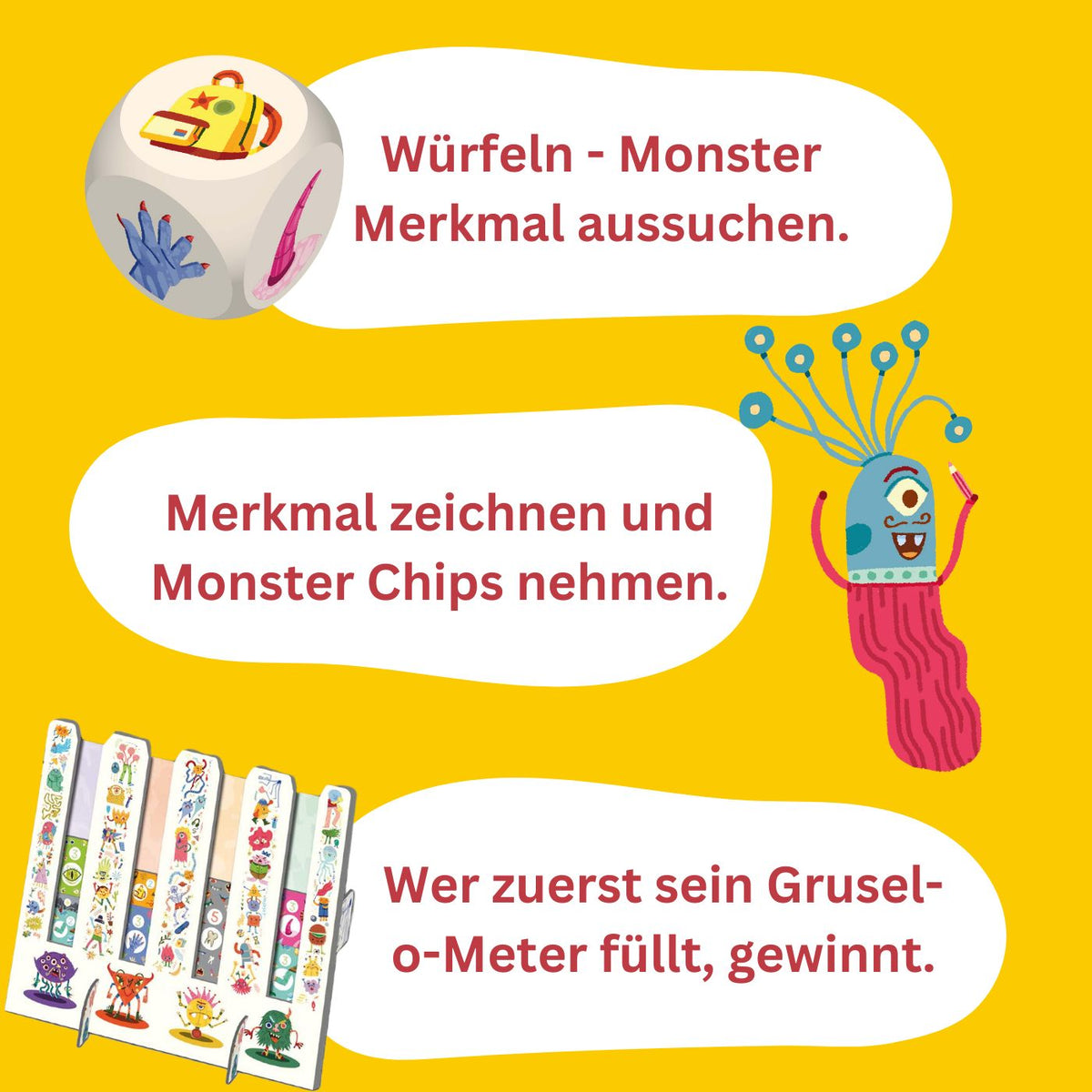 Kinder-Spiel Mal mal'n Monster mit Würfel-Icon und Monster-Merkmalskarten