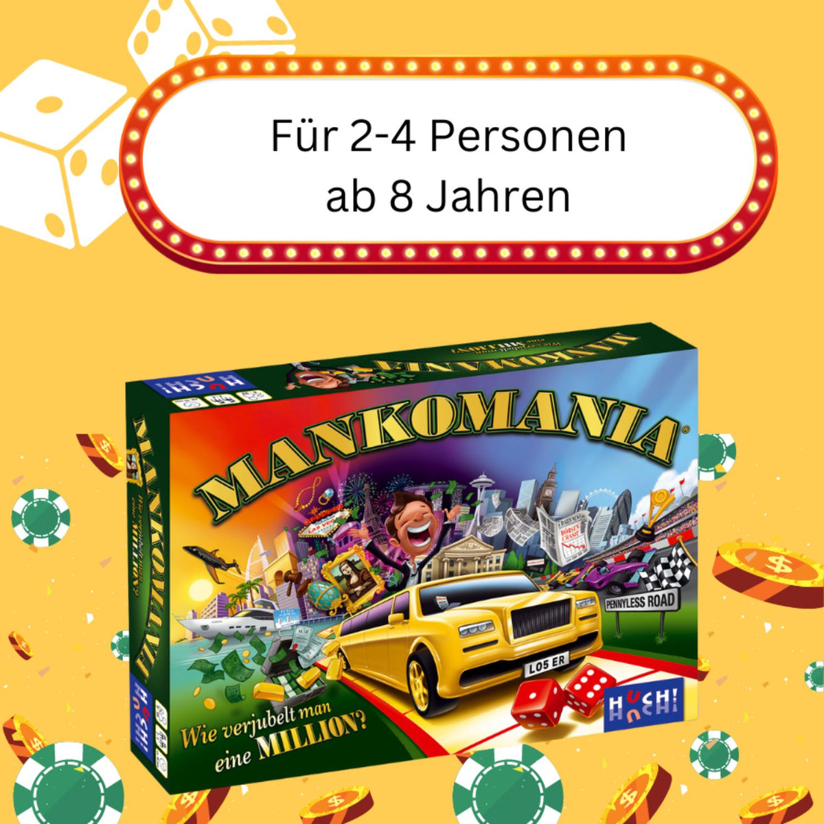 Mankomania-Spielbox mit gelbem Cover, Auto-Illustration und Geldspiel-Elementen