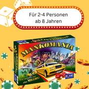 Mankomania-Spielbox mit gelbem Cover, Auto-Illustration und Geldspiel-Elementen