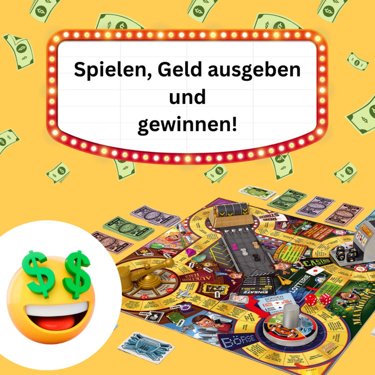 Mankomania-Spielbox mit Casino-Spielplan, vielen Geldkarten und Einsatz-Route