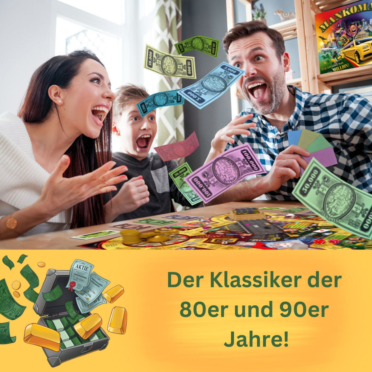 Familie spielt Mankomania am Tisch mit buntem Spielplan und vielen Geldscheinen