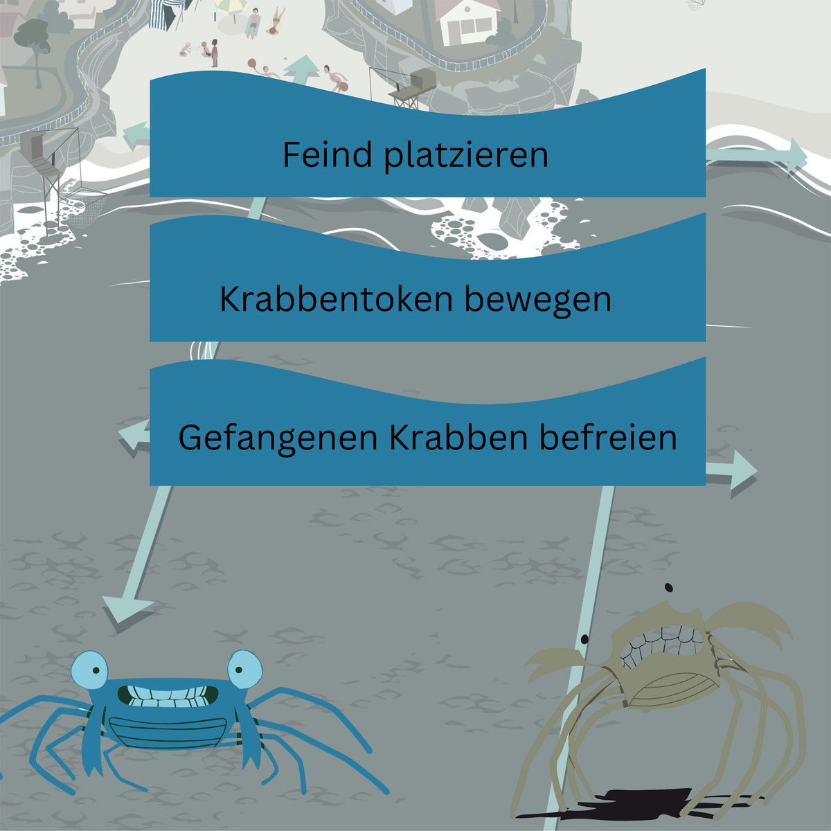 Brettspiel-Aktionskarten: Krabbentoken bewegen, gefangene Krabben befreien