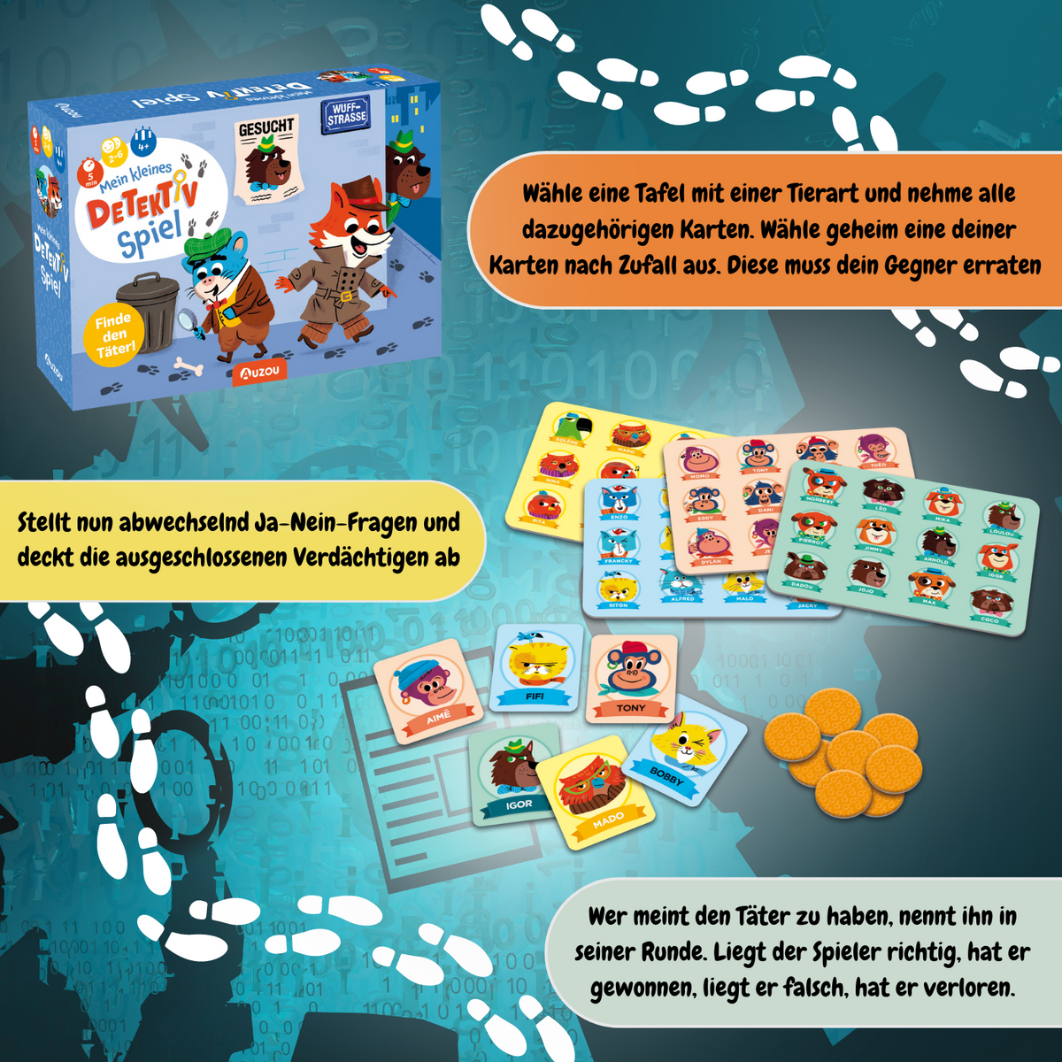 Kinderdedektivspiel-Set mit Spielbox, Karten, Detektivfiguren und Münzen