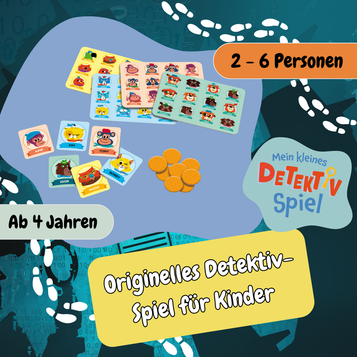 Kinderdedektivspiel mit Karten, Münzen und Spieleranzahl 2–6