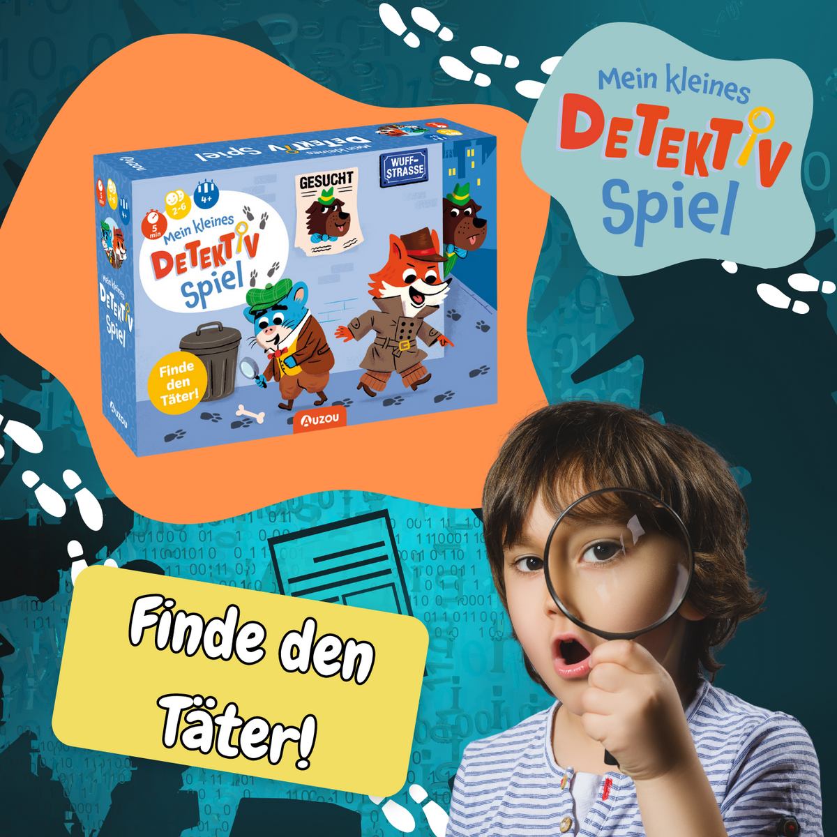 Kinderdedektivspiel mit Spielbox und Kind mit Lupe