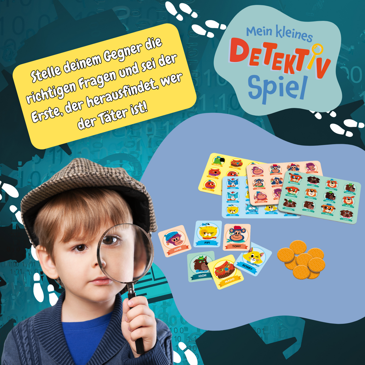 Kinderdedektivspiel mit Karten und Münzen, Kind mit Lupe
