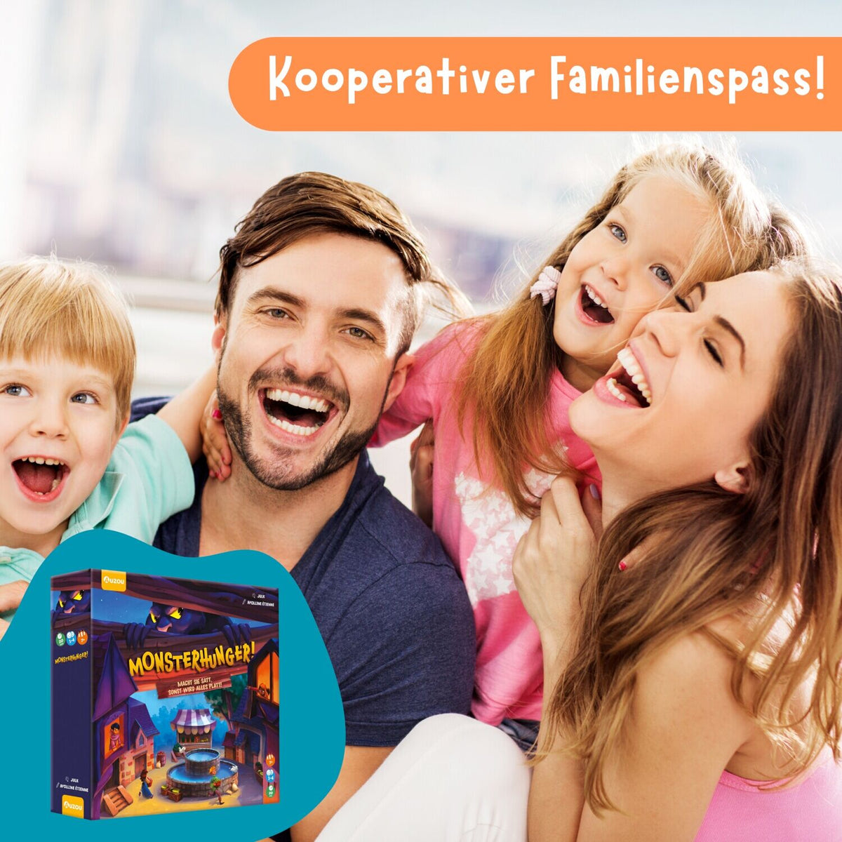 Kooperatives Brettspiel in der Verpackung, abgebildet bei einer spielenden Familie