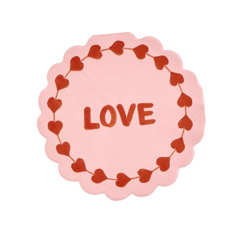 Runde Papierserviette in Rosa mit Muschelrand, Herzkranz und „LOVE“
