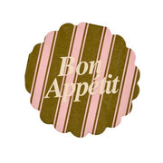 Runde Papierserviette mit Muschelrand, braun-rosa gestreift, „Bon Appetit“