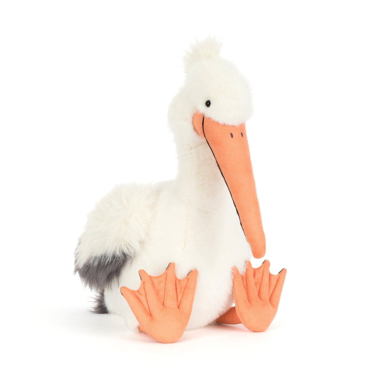 Weiße Pelikan-Kuscheltierfigur mit orangefarbenem Schnabel und Füßen