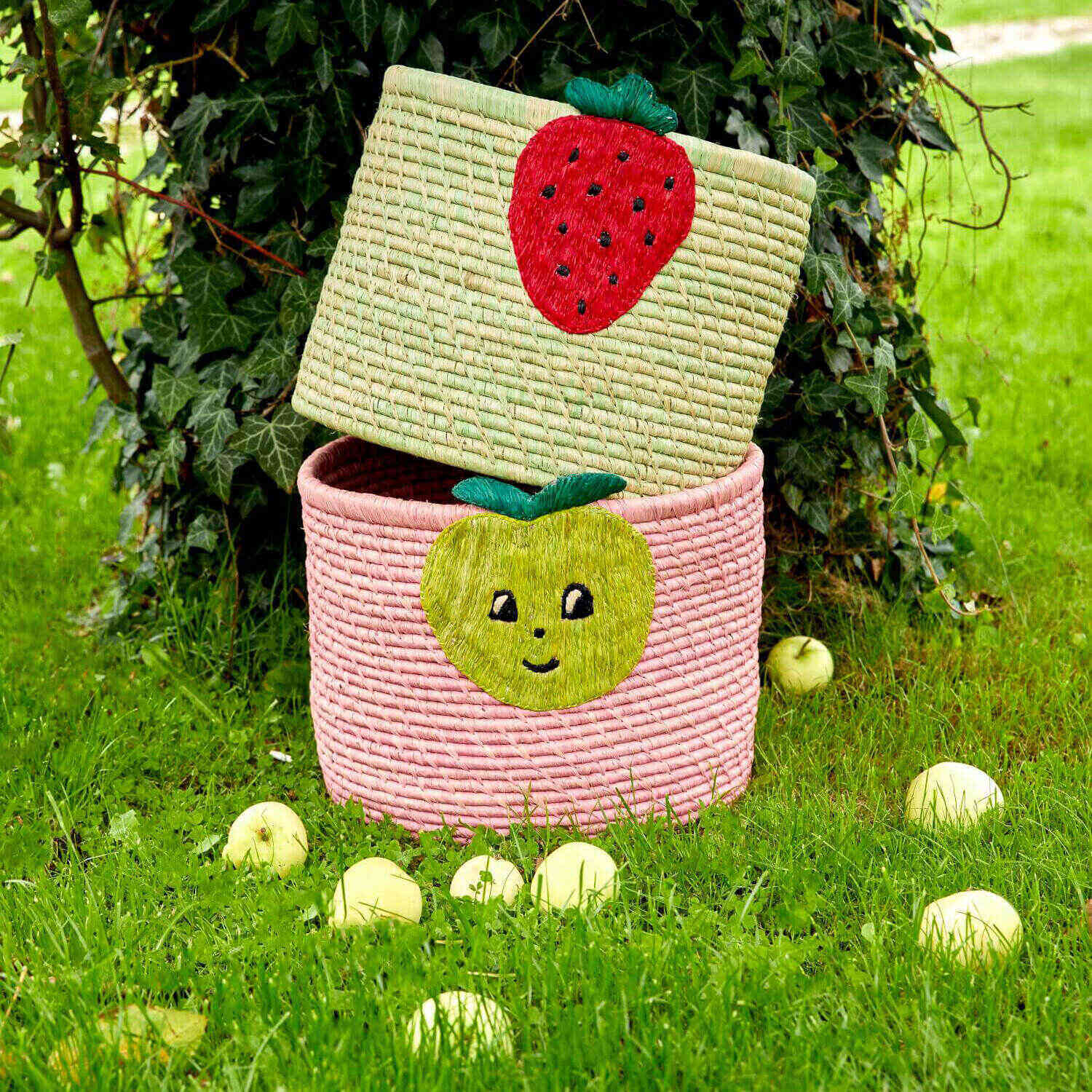 Aufbewahrungskorb aus Raffia "Apple/Apfel" - Rund (Pink)