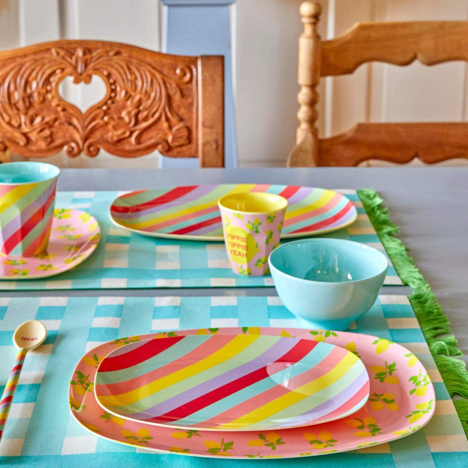 Tischset mit Karomuster und Fransen (Blau/Grün)