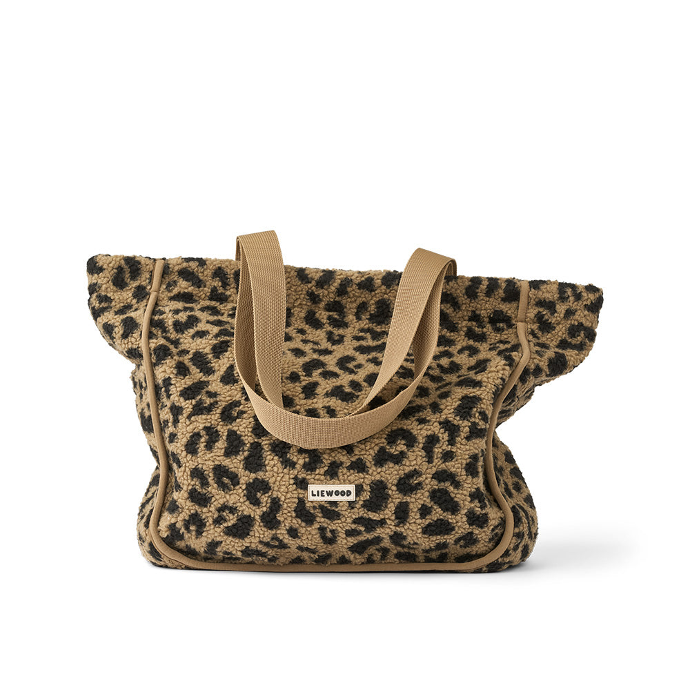 Leopardenmuster Tragetasche mit breiten Henkeln und Frontfach, beige Innenetikett