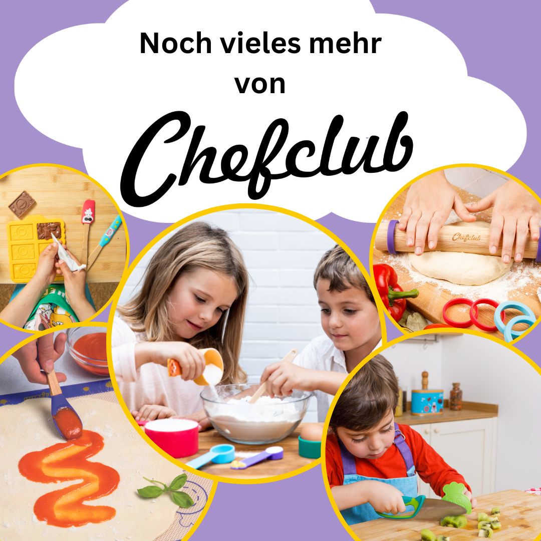 Chefclub Back-Motiv mit Kindern beim Teigzubereiten und Logo auf Banner