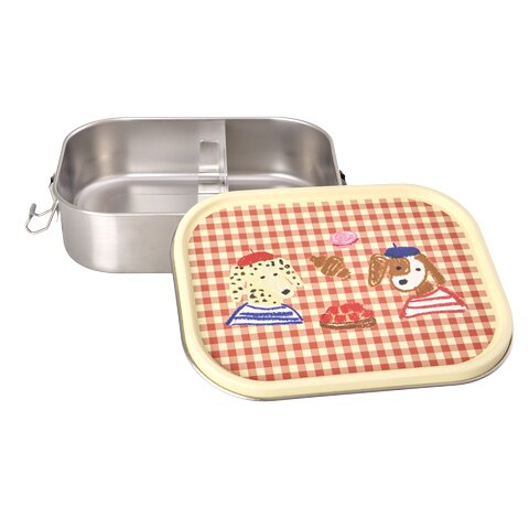 Edelstahl-Lunchbox L, geöffnet: silbernes Innenteil und Deckel mit rotem Karo-Tiermotiv