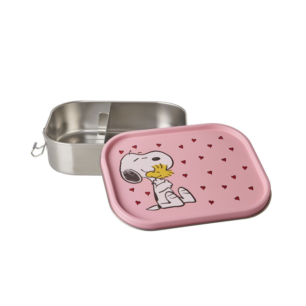 Rosa Lunchbox mit Snoopy-Motiv, flacher Deckel mit Klappverschluss