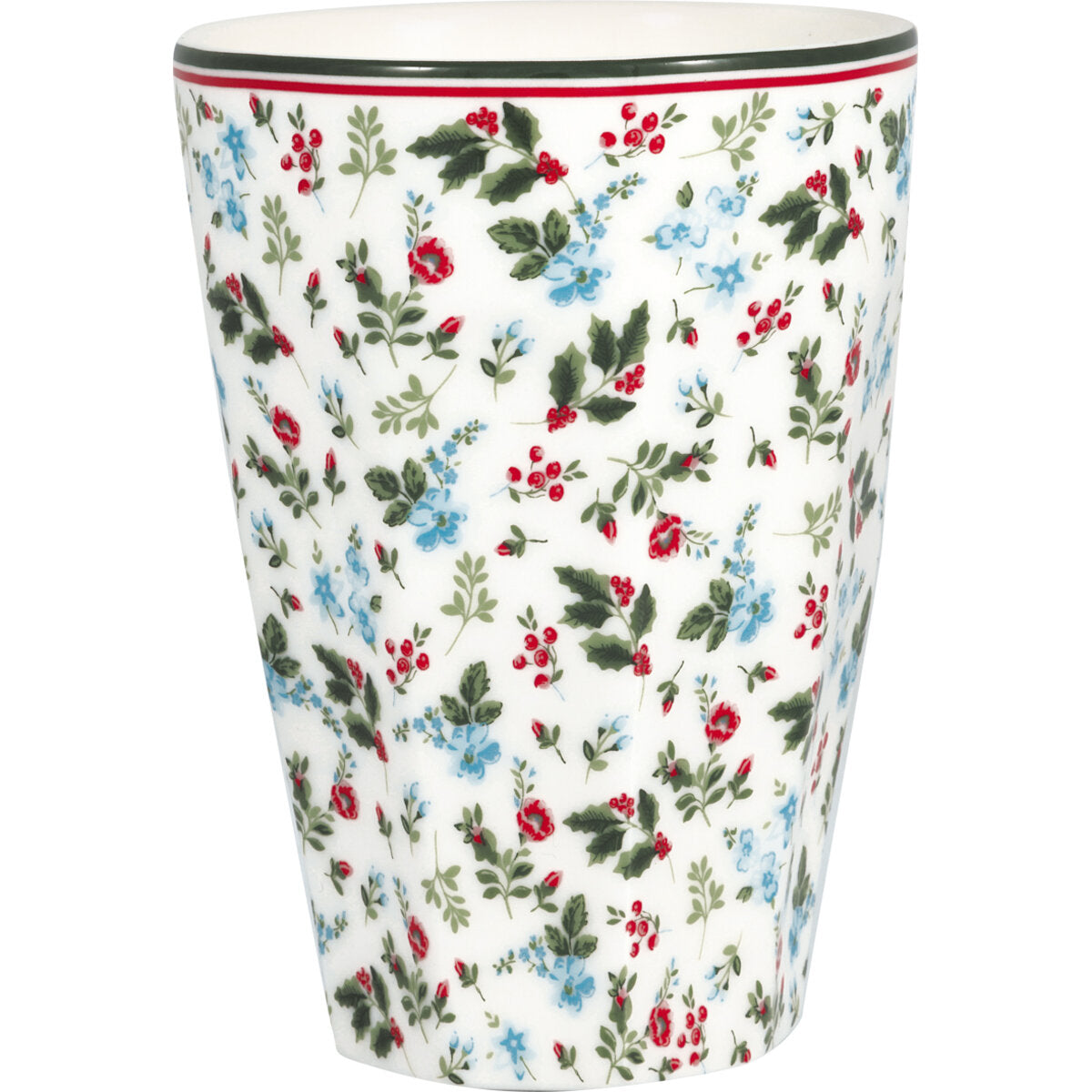 Latte-Becher mit weißem Körper und buntem Blumenmuster, dunkler Rand