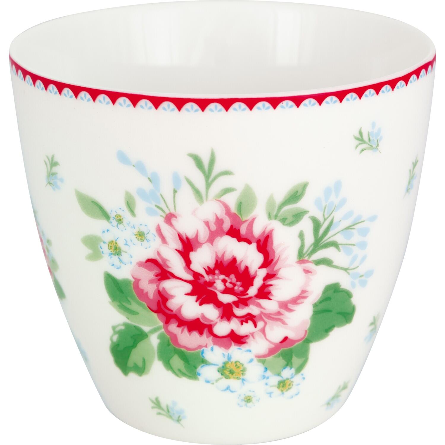 Latte-Becher Alivia, 0,35 l, weiß mit buntem Blumenmuster und rotem Rand
