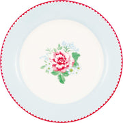 Runder Teller 20,2 cm mit blassblauem Rand und rotem Zierband, Blumendesign
