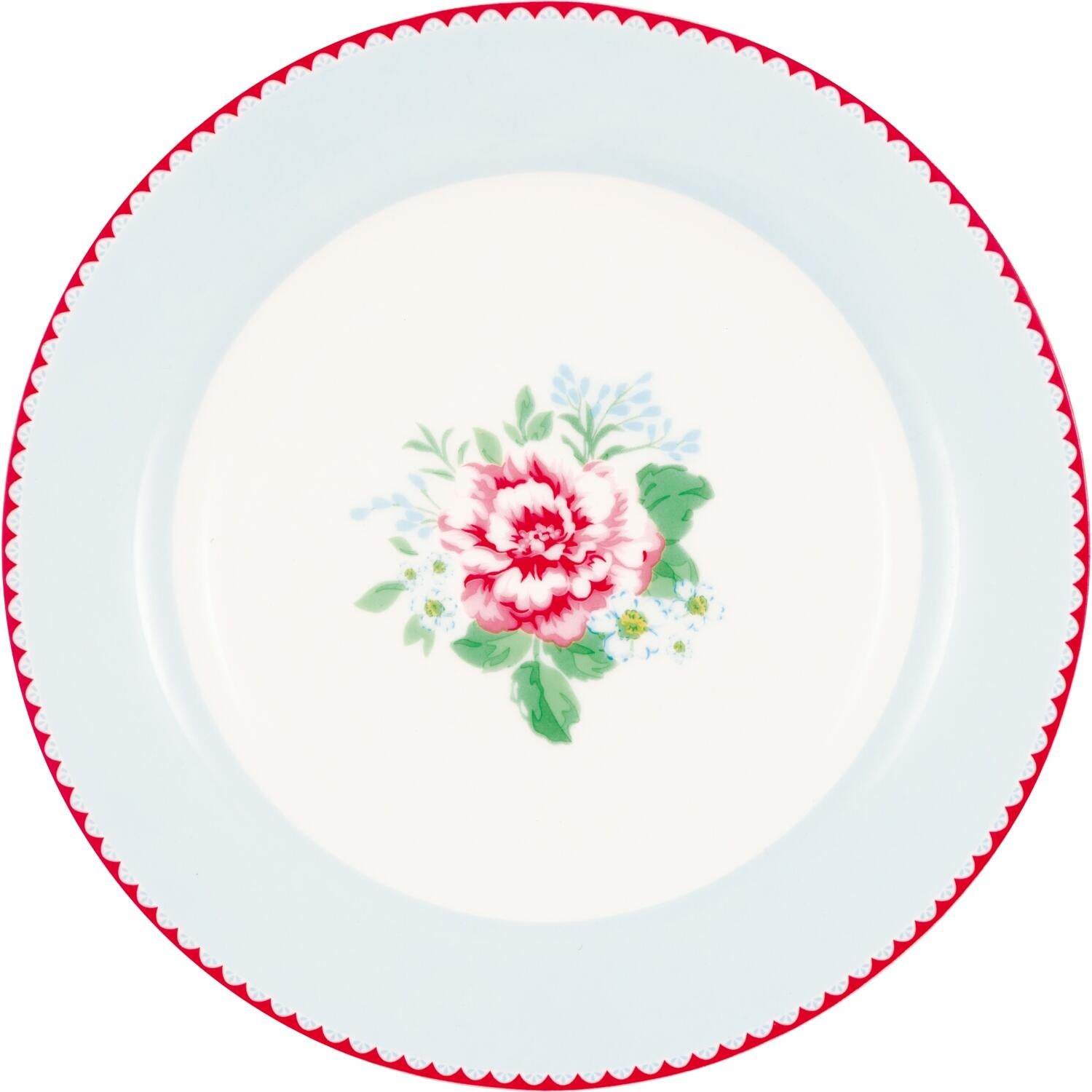 Runder Teller 20,2 cm mit blassblauem Rand und rotem Zierband, Blumendesign