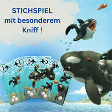 Brettspiel-Spielanleitung mit Kartenmotiv: Walfisch und Spielübersicht