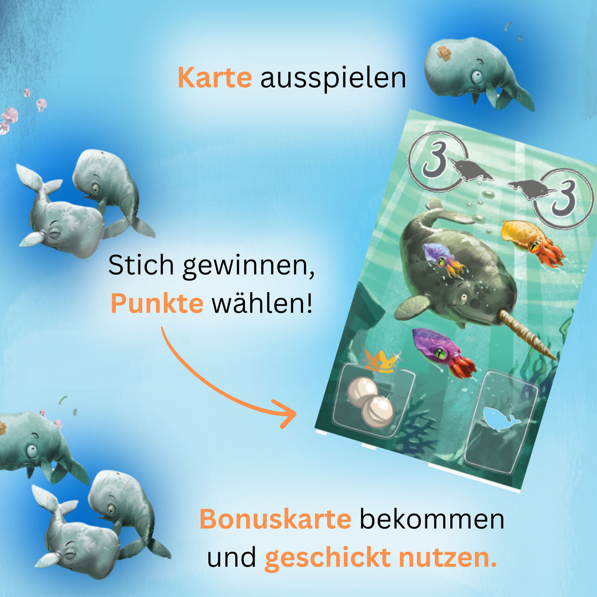 Spielkarte mit Walen und Unterwasserfischen, inkl. Karten-Zahlen