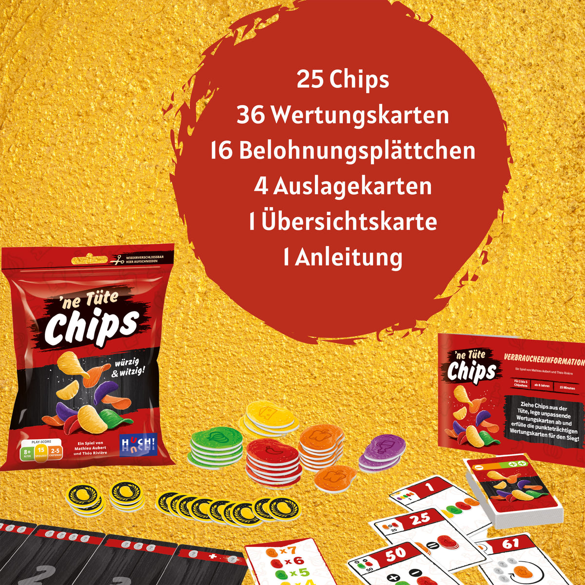 ne Tüte Chips Tüte mit Spielkarten und Chips-Plättchen, rot-schwarze Verpackung