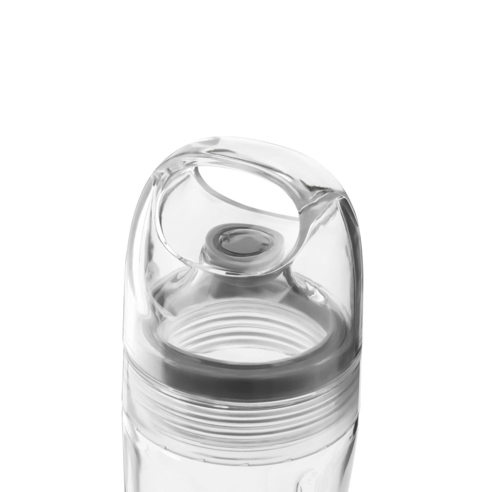 To-go Trinkflasche aus transparentem Kunststoff mit Deckel und Verschluss