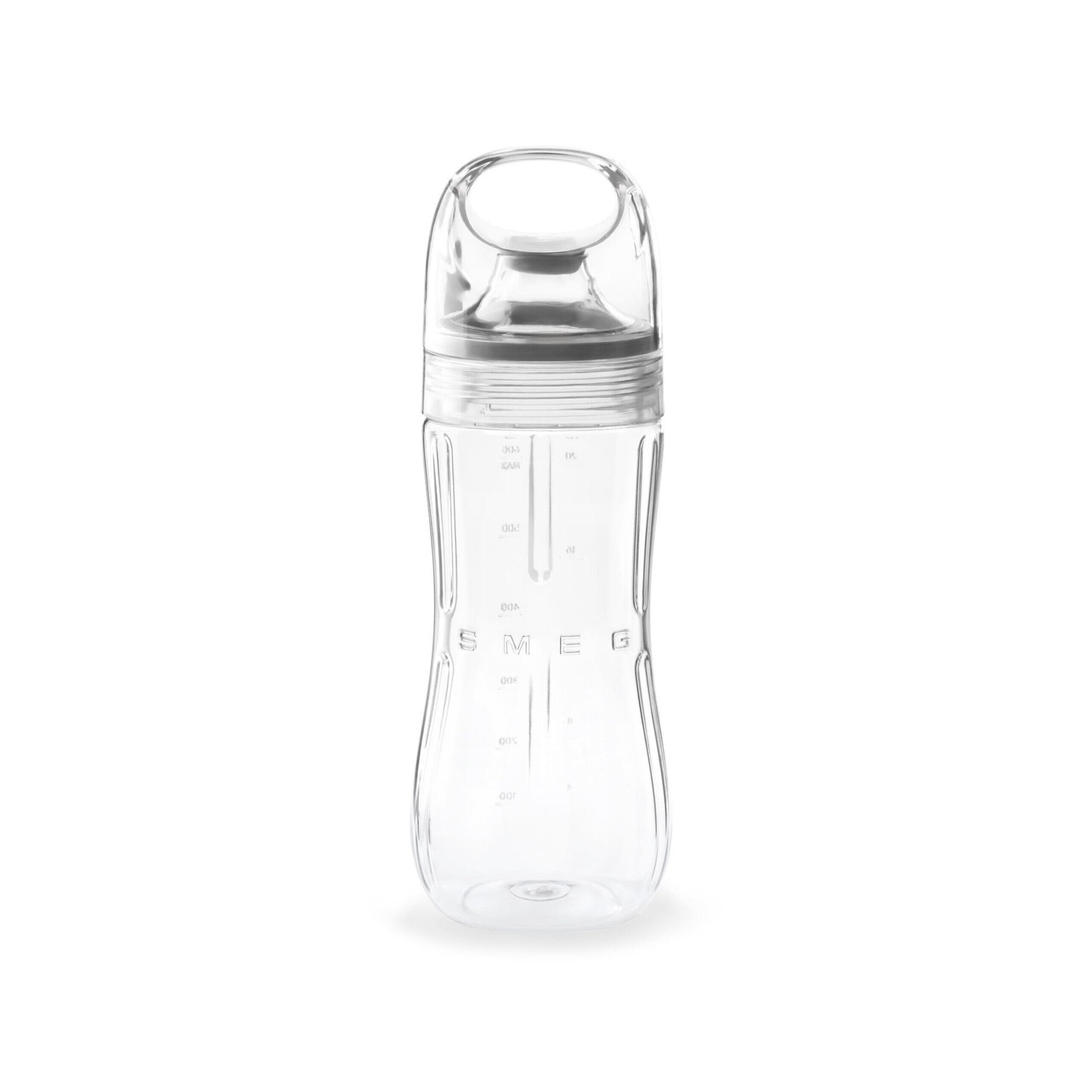 To-go Trinkflasche aus transparentem Kunststoff, längliche Form mit Deckel