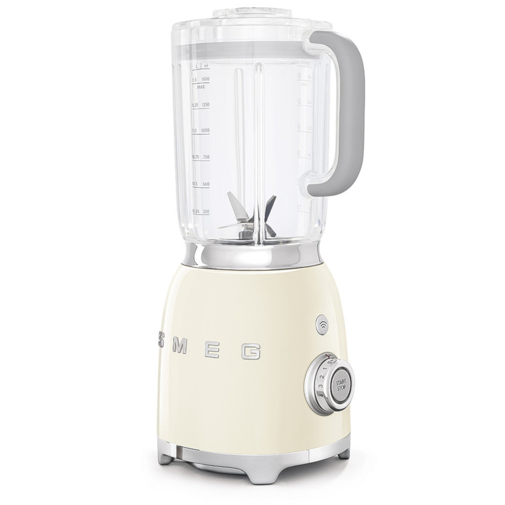 Standmixer mit To-go Trinkflasche, cremefarbenes Gehäuse und transparente Mixschüssel