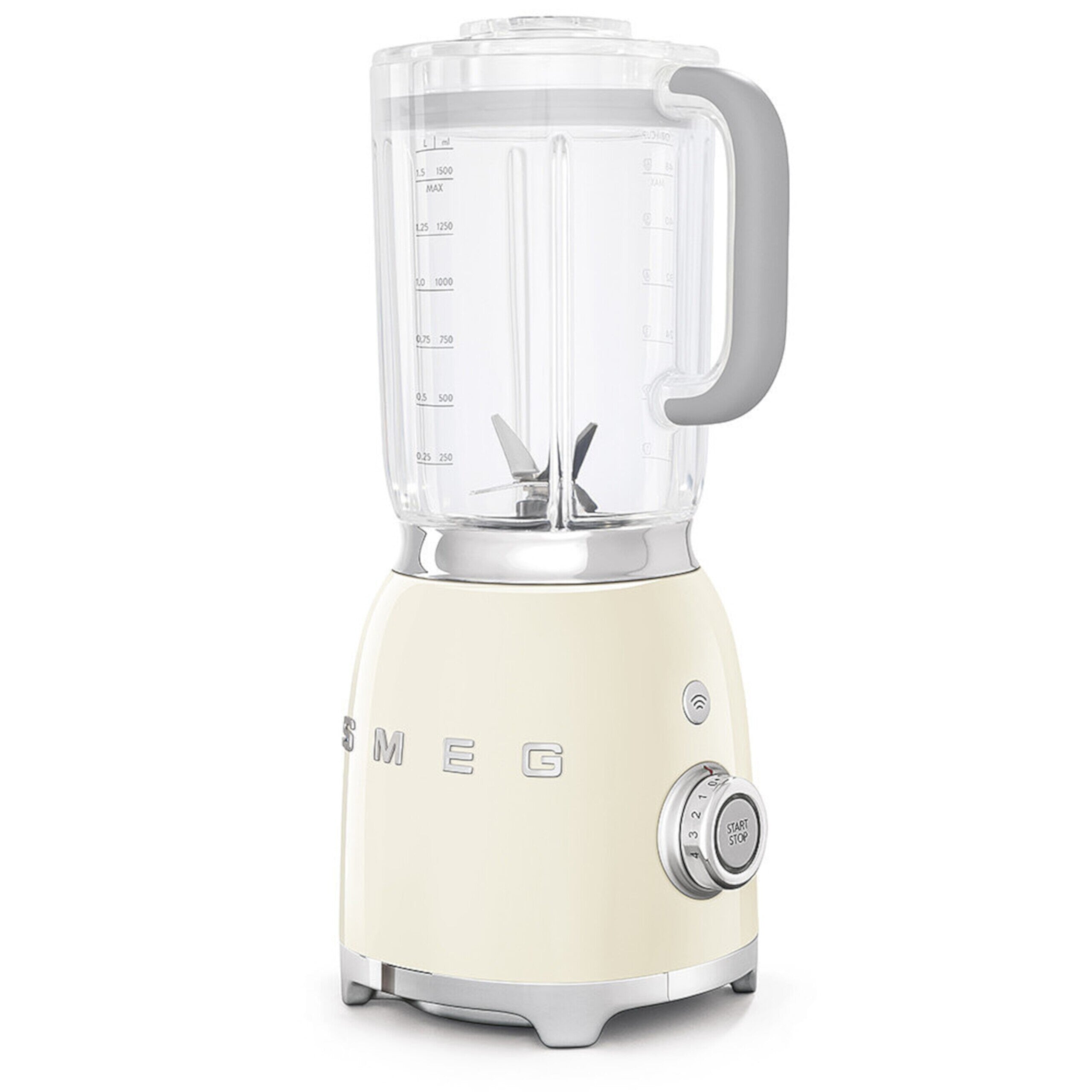 Standmixer mit To-go Trinkflasche, cremefarbenes Gehäuse und transparente Mixschüssel