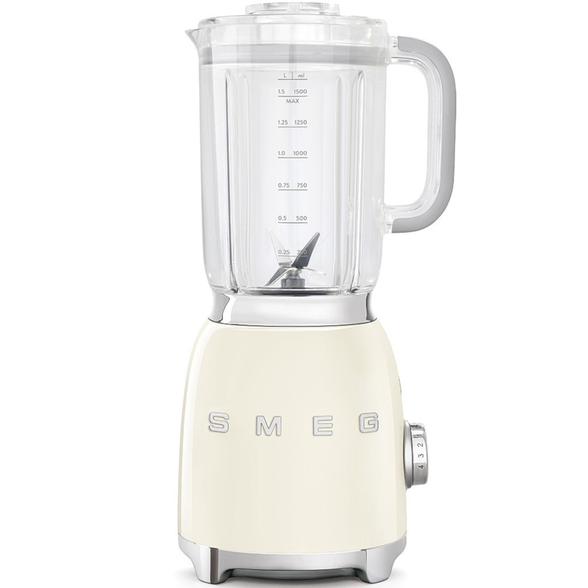 Standmixer mit transparenter Mixschüssel und cremefarbenem Gehäuse, Vorderansicht