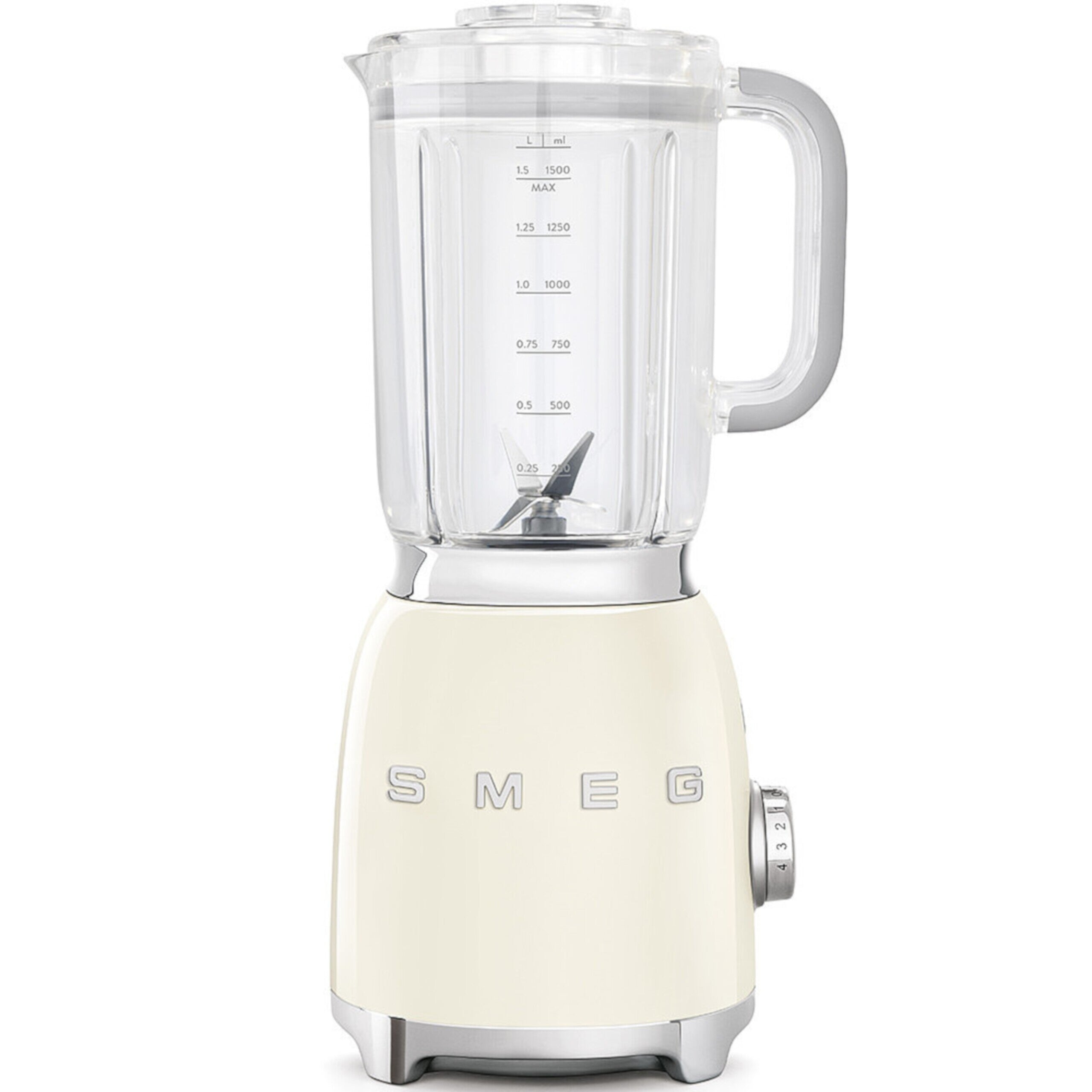 Standmixer mit transparenter Mixschüssel und cremefarbenem Gehäuse, Vorderansicht