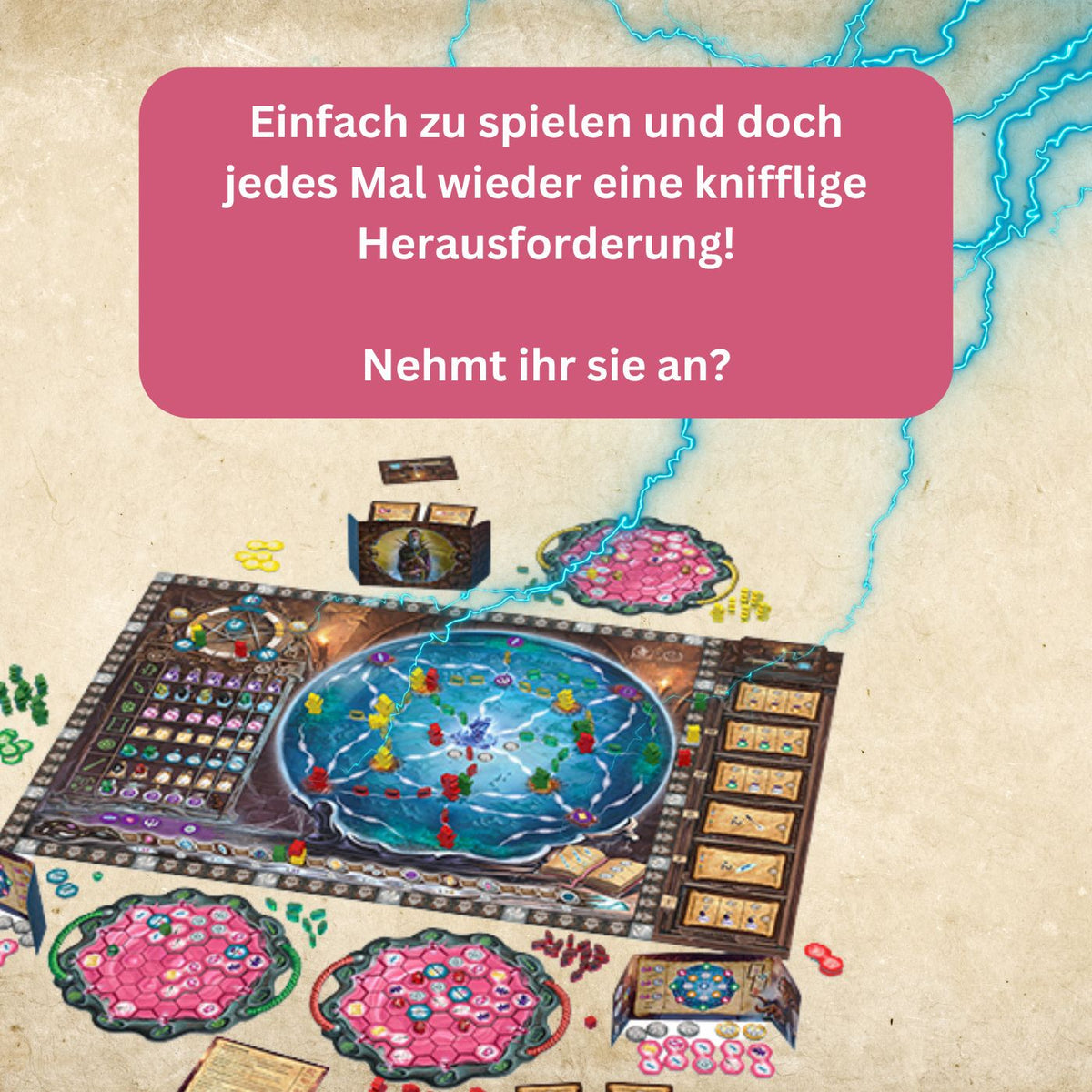 Brettspiel-Spielplan mit Weltkartenmotiv, runden Spielfiguren und Karten