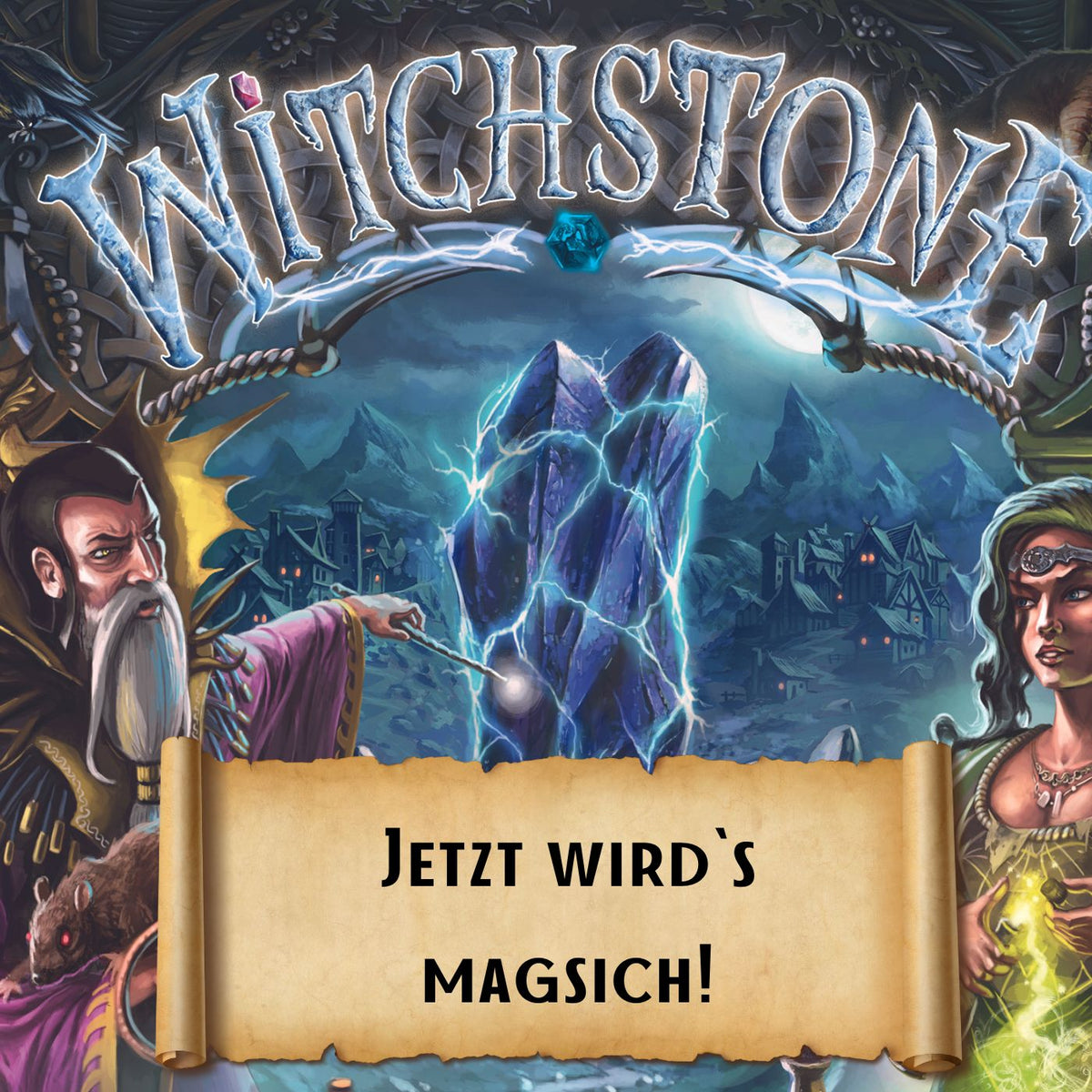 Spielbox-Cover mit düsterer Landschaft, Blitzen und Schriftrolle