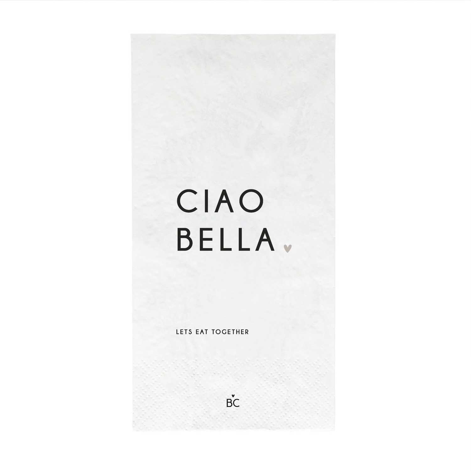 Papierserviette weiß mit Aufdruck „CIAO BELLA“ und Herz, 10×20 cm