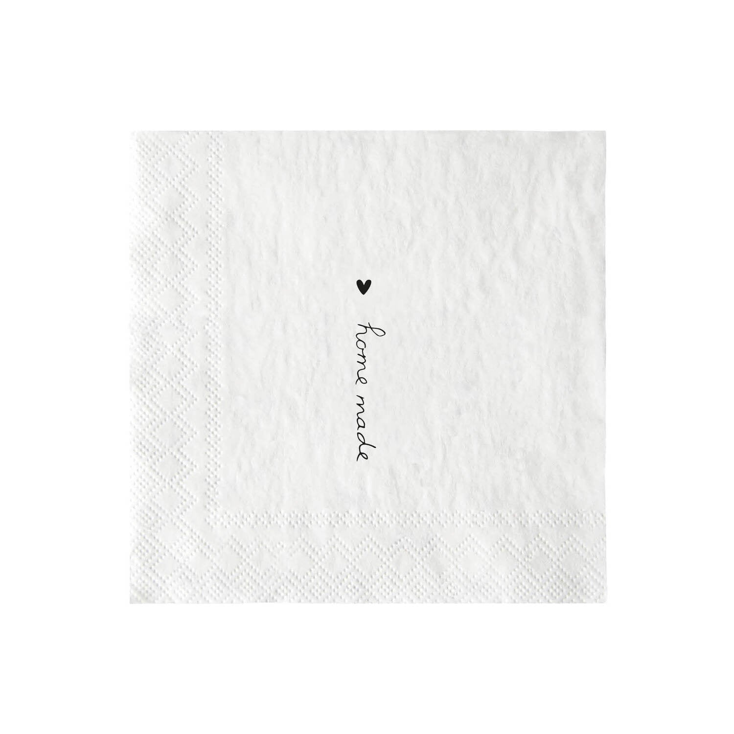 Weiße Papierserviette mit Schriftzug „home made“ und kleinem Herz, quadratisch 12,5 cm