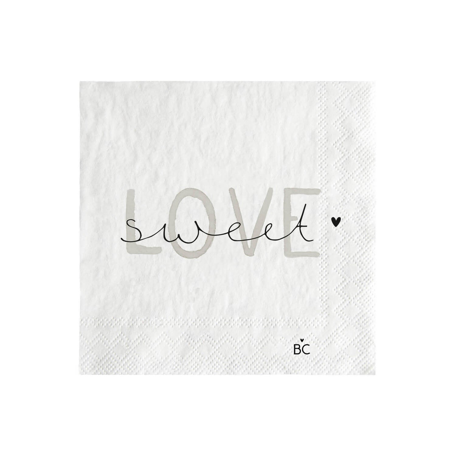 Weiße Papierserviette mit Sweet-Love-Schriftzug und Herzmotiv, quadratisch 12,5 cm