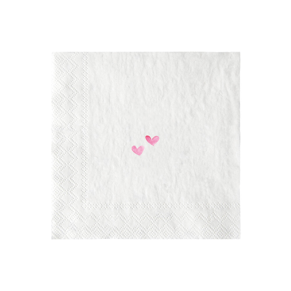 Weiße Papierserviette 12,5×12,5 cm mit zwei rosa Herzen