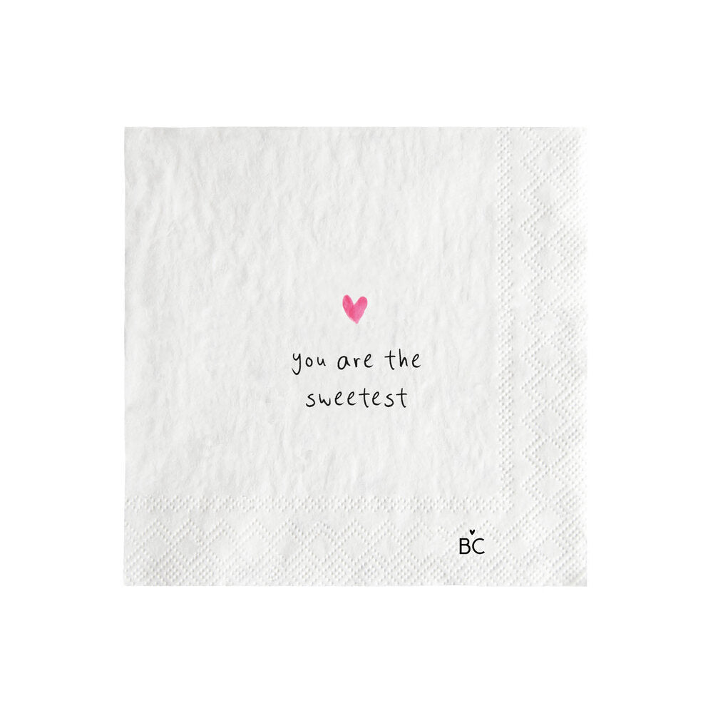 Weiße Papierserviette 12,5×12,5 cm mit Herz und Aufschrift „You are the sweetest“