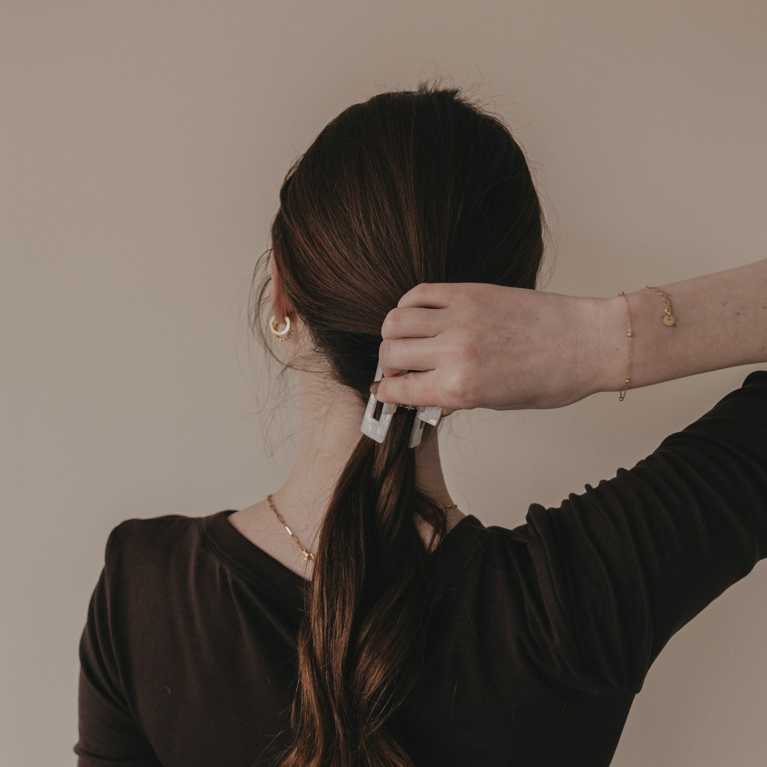 Haarspange eckig "Herz" - Groß (Schwarz/Pearl)