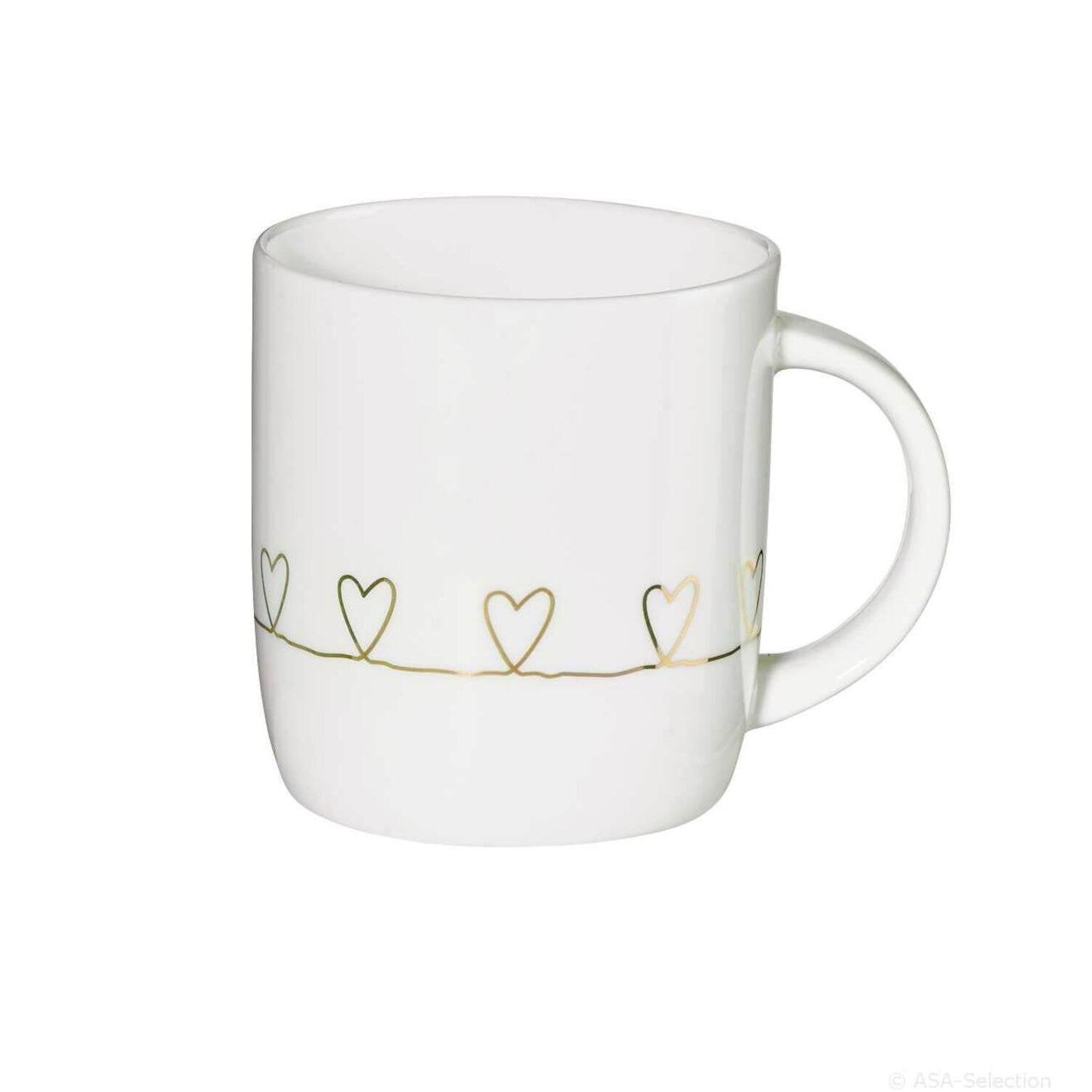 Henkelbecher "Hearts" - 350 ml (Weiß/Gold)