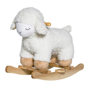 Weiße Stoff-Schaukel-Schafpuppe mit Holzsockel und Schnauze, geschlossene Augen